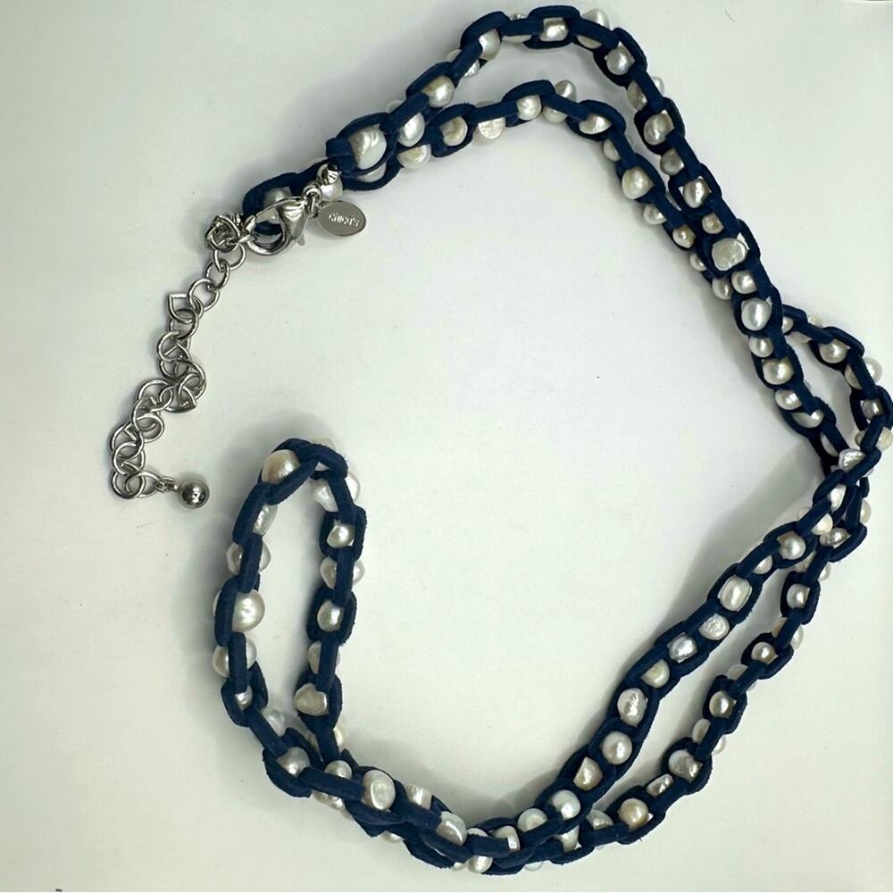 Chico’s Freshwater Pearl Necklace Paige Long Single Strand Beaded Navy Blue